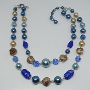 * vintage Japan 2 strand blues & gold, glass & plastic beads choker necklace
